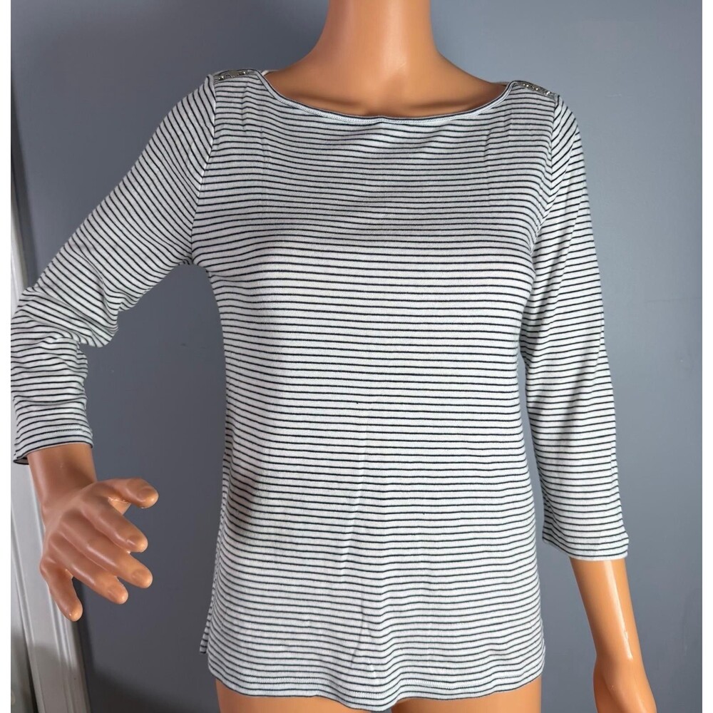 Ann Taylor Striped Boatneck Top S NWT Cotton White Black Knit 3/4 Sleeve Button.